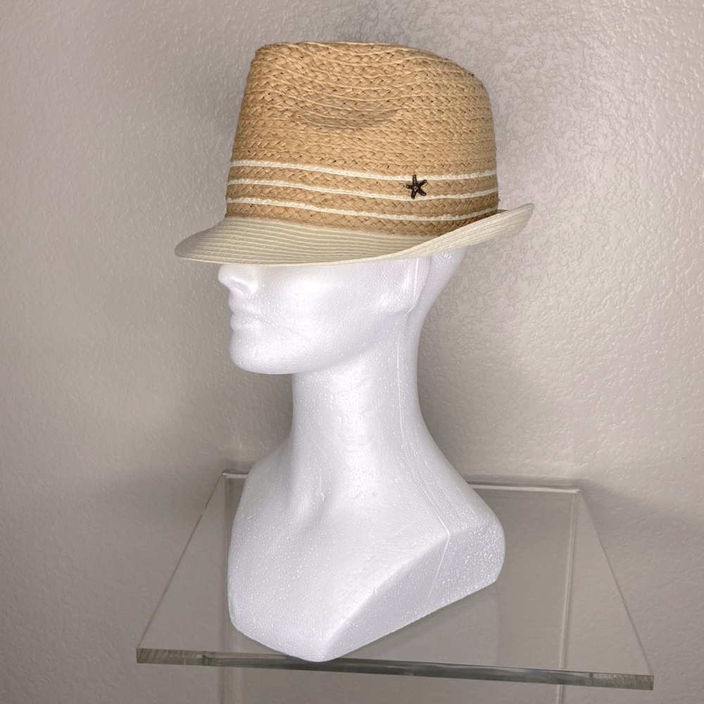 Summer hat made of raffia & paper, cream & natural color. Adjustable, never worn